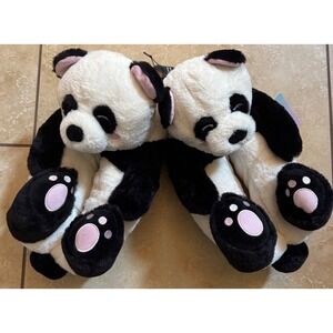 Feetmoji Panda Slippers Women 11-12 Black White Plush Animal Faux Fur NEW